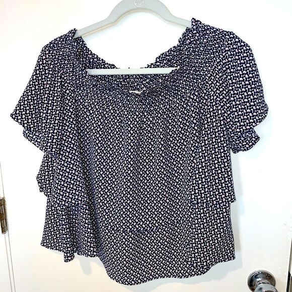 NWT ladies Michael Kors layered ruffled geometric blue top short blouse flowy L - Picture 1 of 9